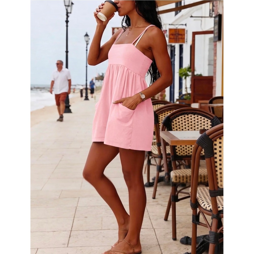 Soft Cotton Strappy Romper Adjustable Straps Relaxed Fit Side Pockets Pink Small